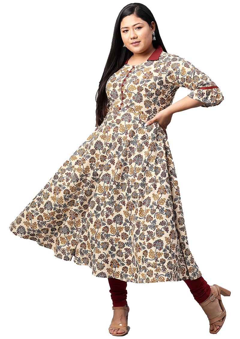 Yash Gallery Women's Cotton Floral Print Anarkali Kurta (Maroon) - Image 2